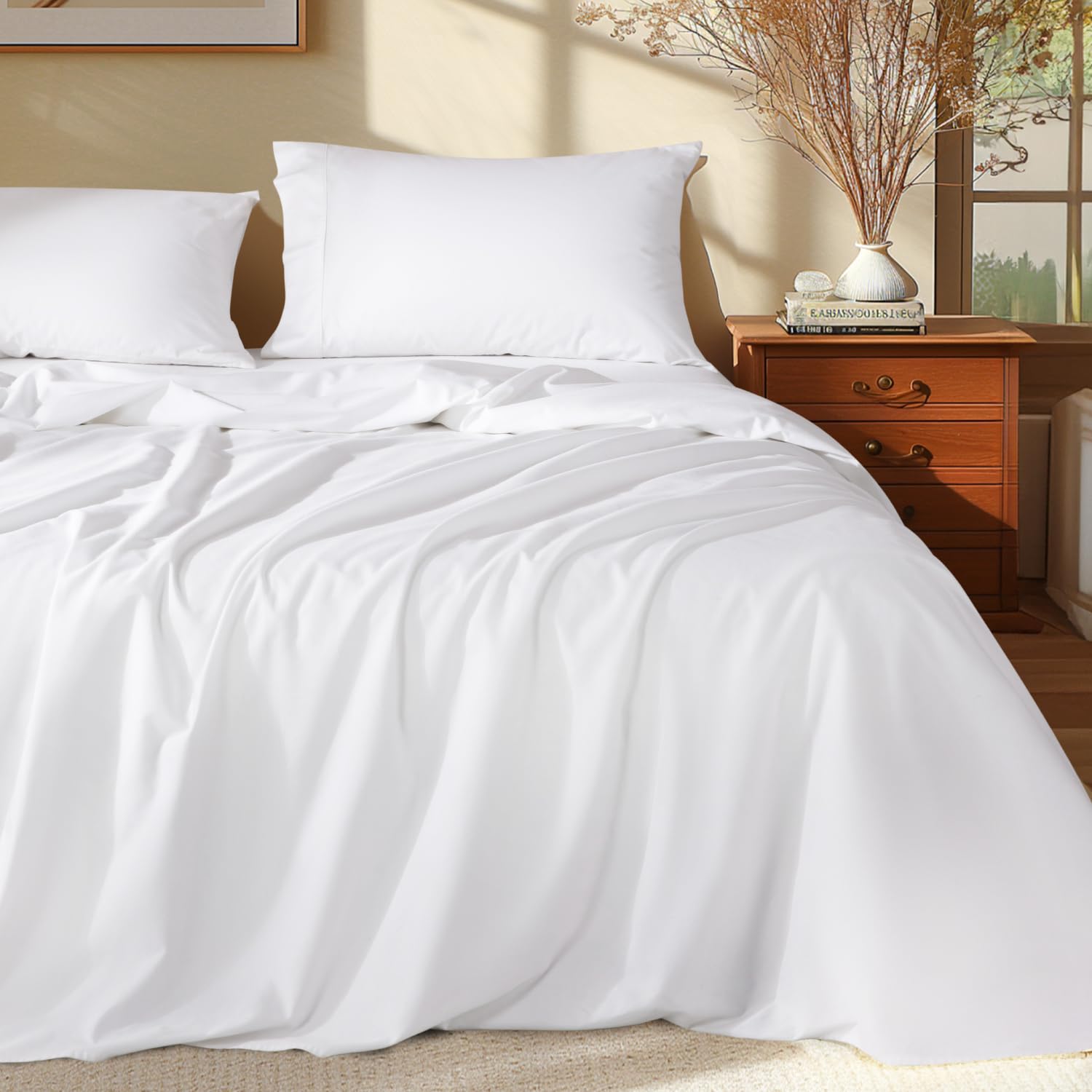 Shilucheng 100% Egyptian Cotton Sheets Set - 1000 Thread Count,Luxury Cotton Bed Sheets,Breathable & Cooling Bedding And Pillow Cases, 16 Inch Deep Pocket - 4 Piece (White, Full)